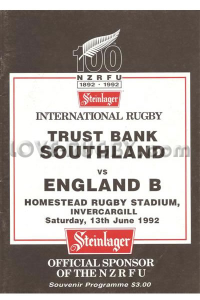 1992 Southland v England B  Rugby Programme